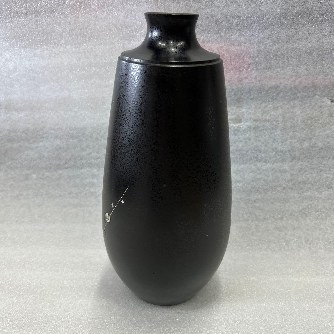 金峰作 鋳銅象嵌梅花図花瓶 薩州 黒銅 花入