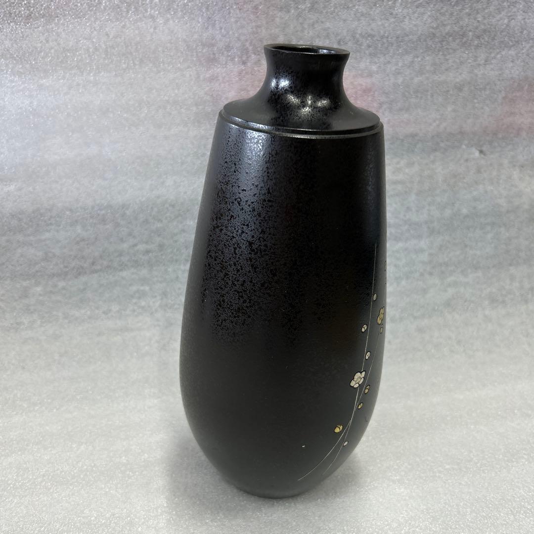 金峰作 鋳銅象嵌梅花図花瓶 薩州 黒銅 花入