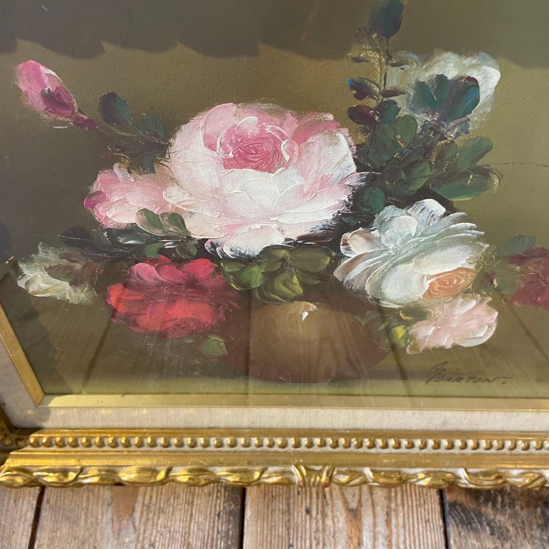 ドイツ人画家/G.Barton『薔薇』/油彩　骨董/バートン/静物画/絵画/額装