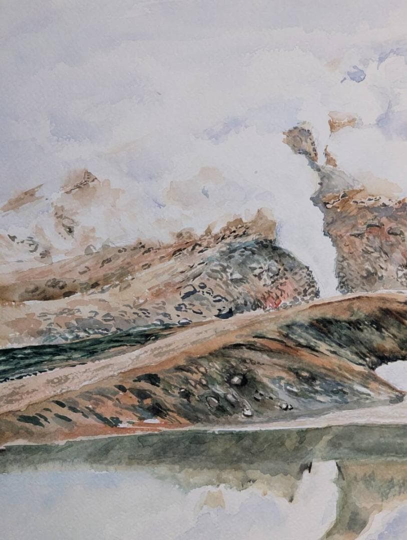 【真作】絵画　水彩10号　噴煙たなびく山景　水彩風景画　額装作品　　Z162