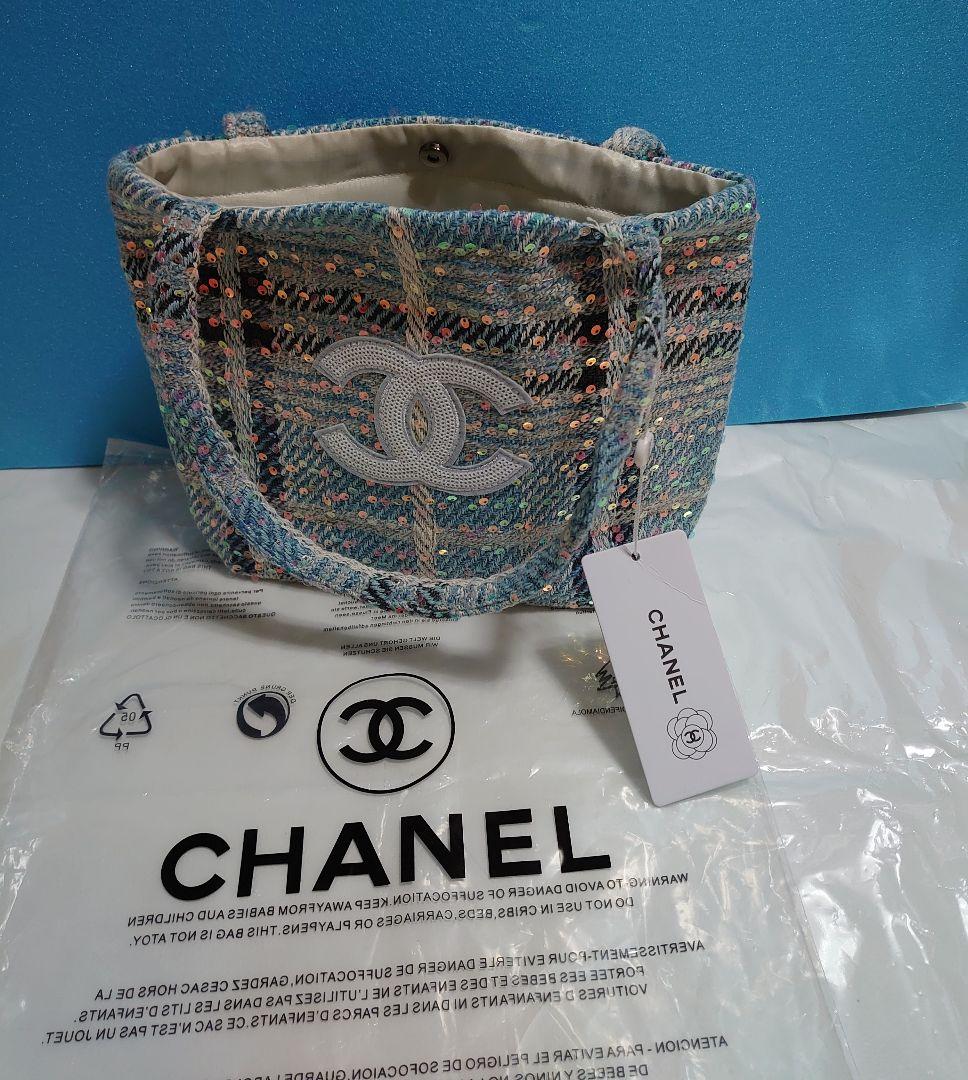 CHANEL　シャネル　 ツイードスパンコール ノベルティトートバッグ　水色
