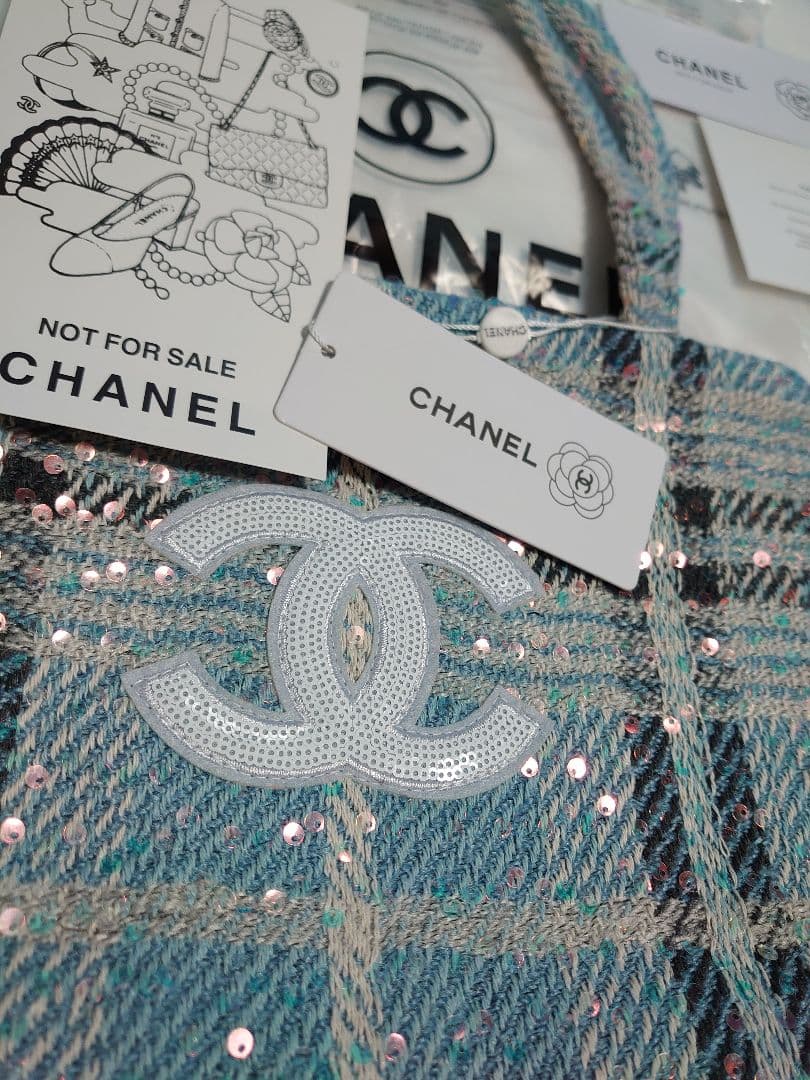 CHANEL　シャネル　 ツイードスパンコール ノベルティトートバッグ　水色