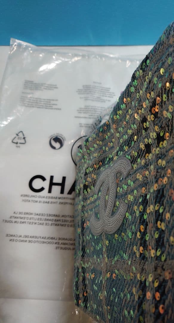 CHANEL　シャネル　 ツイードスパンコール ノベルティトートバッグ　水色