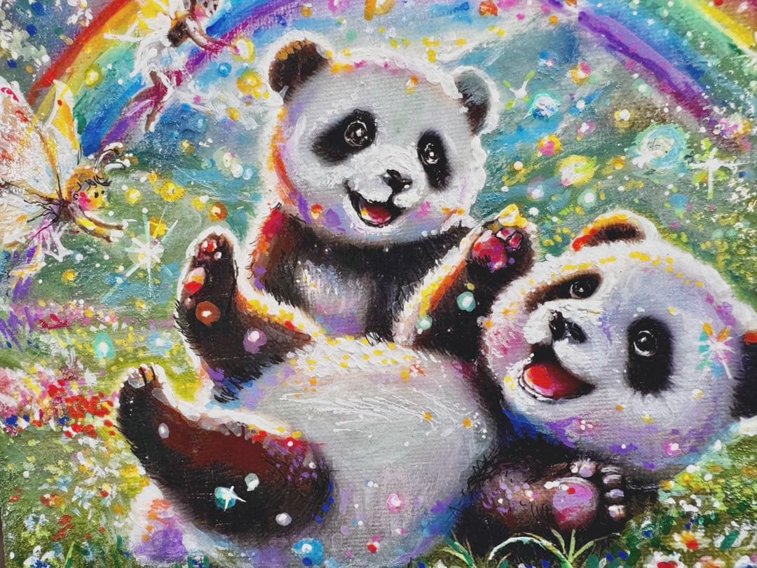 絵画原画《春のレインボーシャワー》虹は仲直りの約束の印　パンダ