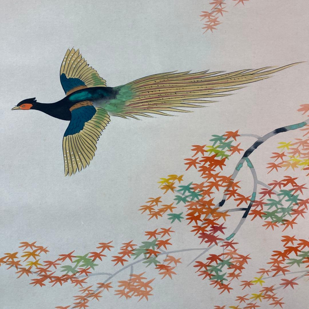 美品 掛軸 光琳・竣作 四季花鳥図 共箱 桜 翡翠 紅葉 南天 年中掛け