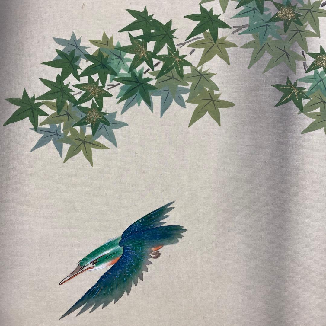 美品 掛軸 光琳・竣作 四季花鳥図 共箱 桜 翡翠 紅葉 南天 年中掛け