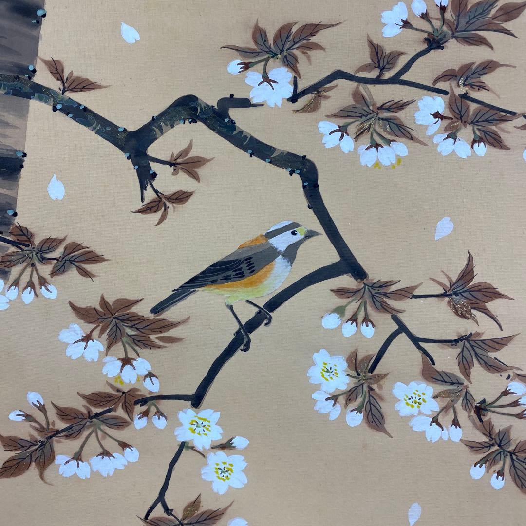 美品 掛軸 光琳・竣作 四季花鳥図 共箱 桜 翡翠 紅葉 南天 年中掛け