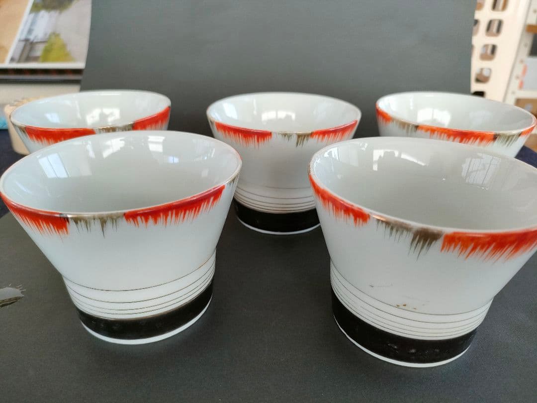 ●有田焼 赤絵金彩 煎茶碗 五客揃 昭和期 茶器セット 骨董 美品