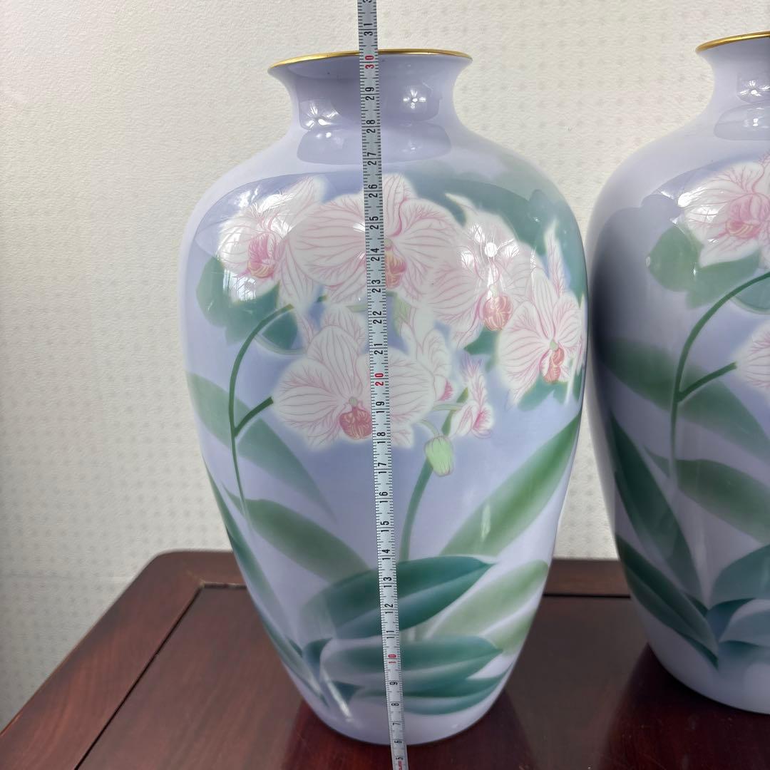 深川製磁 色絵彩磁 胡蝶蘭 花瓶 蘭の花デザイン 2個セット深川