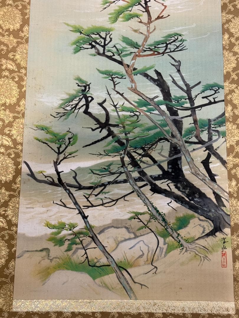 【真作】掛軸　松本姿水　絶景の松林図　風雪に耐える雄々しき松　合箱入