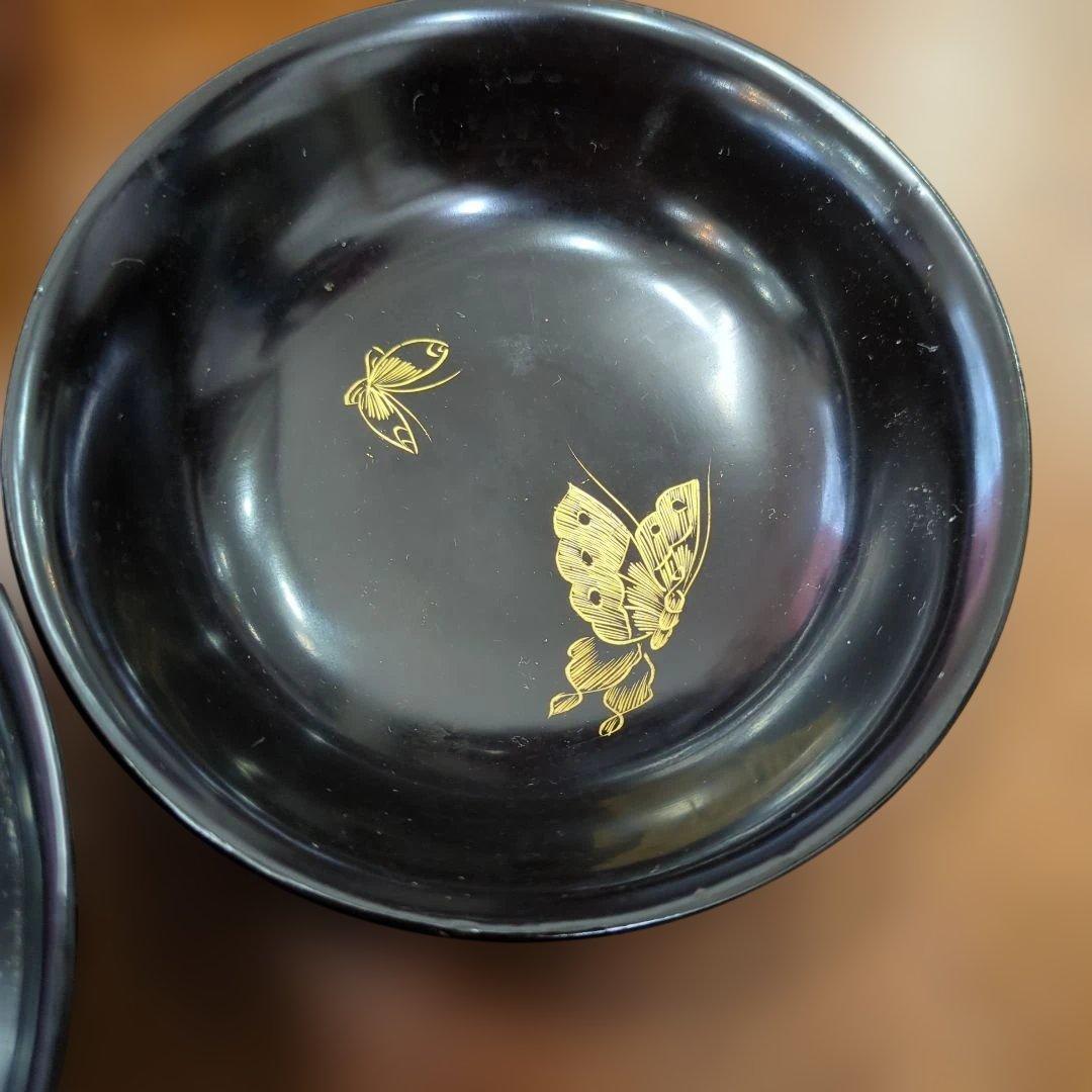 骨董　蓋付椀　木製　漆器　沈金蒔絵　蝶々　花　漆絵　5つ〜