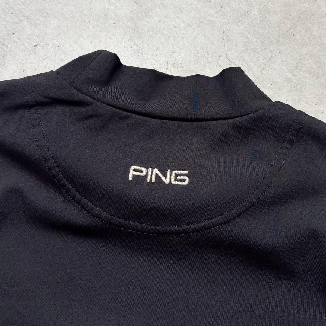【美品】PING ピンアパレル 半袖モックネックシャツ ロゴ刺繍 ストレッチ M