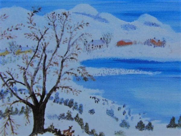 グランマ・モーゼス、『雪の丘の間の家』、希少画集画、状態良好、新品高級額装付
