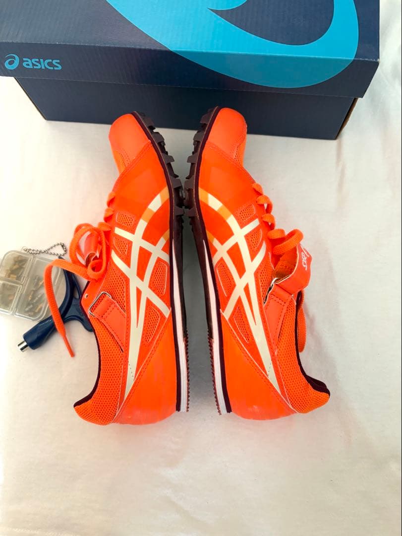 美品 箱付き ASICS 陸上スパイク 26.5cm 蛍光 オレンジ ホワイト