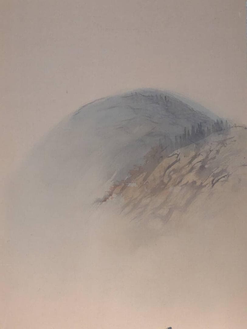 【真作】掛軸　彩色山水図　里山風景　秋色の山村　山水画　V157