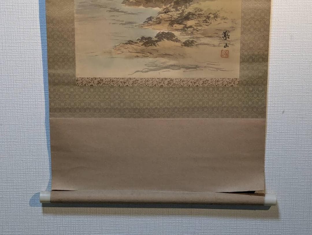 【真作】掛軸　彩色山水図　里山風景　秋色の山村　山水画　V157