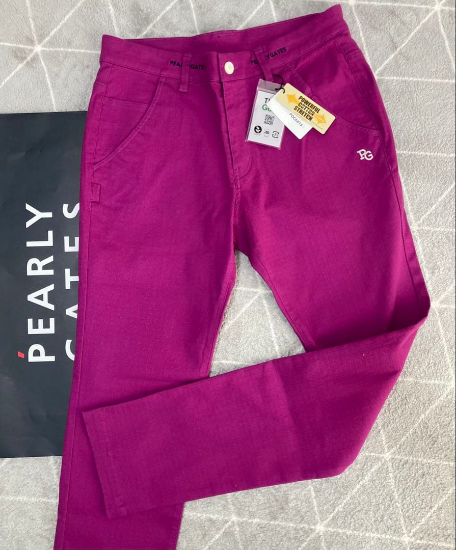 新品 パーリーゲイツ コットンストレッチドビーチェックパンツ(5)サイズL/紫