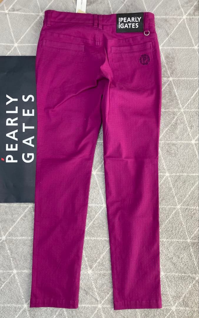新品 パーリーゲイツ コットンストレッチドビーチェックパンツ(5)サイズL/紫