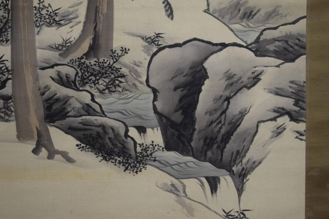 真作/前川文嶺/桜花山水図/絹表装/布袋屋掛軸HG-487