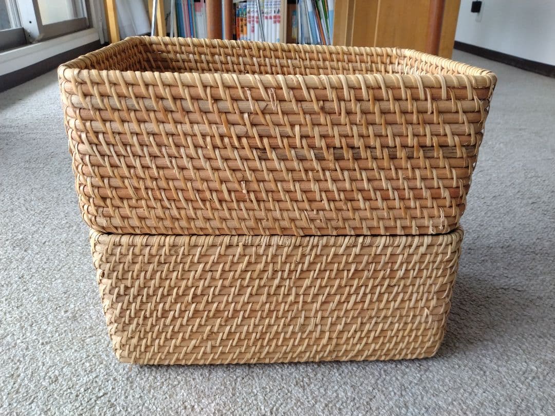 【訳あり】MUJI無印良品 重ねるラタン長方形バスケット中×4個/カゴ小物入れ