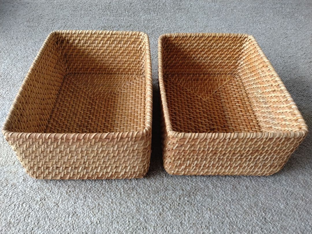 【訳あり】MUJI無印良品 重ねるラタン長方形バスケット中×4個/カゴ小物入れ