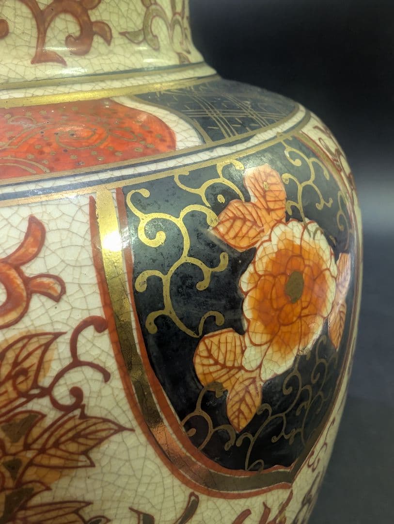 有田焼 古伊万里 伊萬里 染錦花鳥図 大花瓶 45cm 金彩 京薩摩 獅子耳付