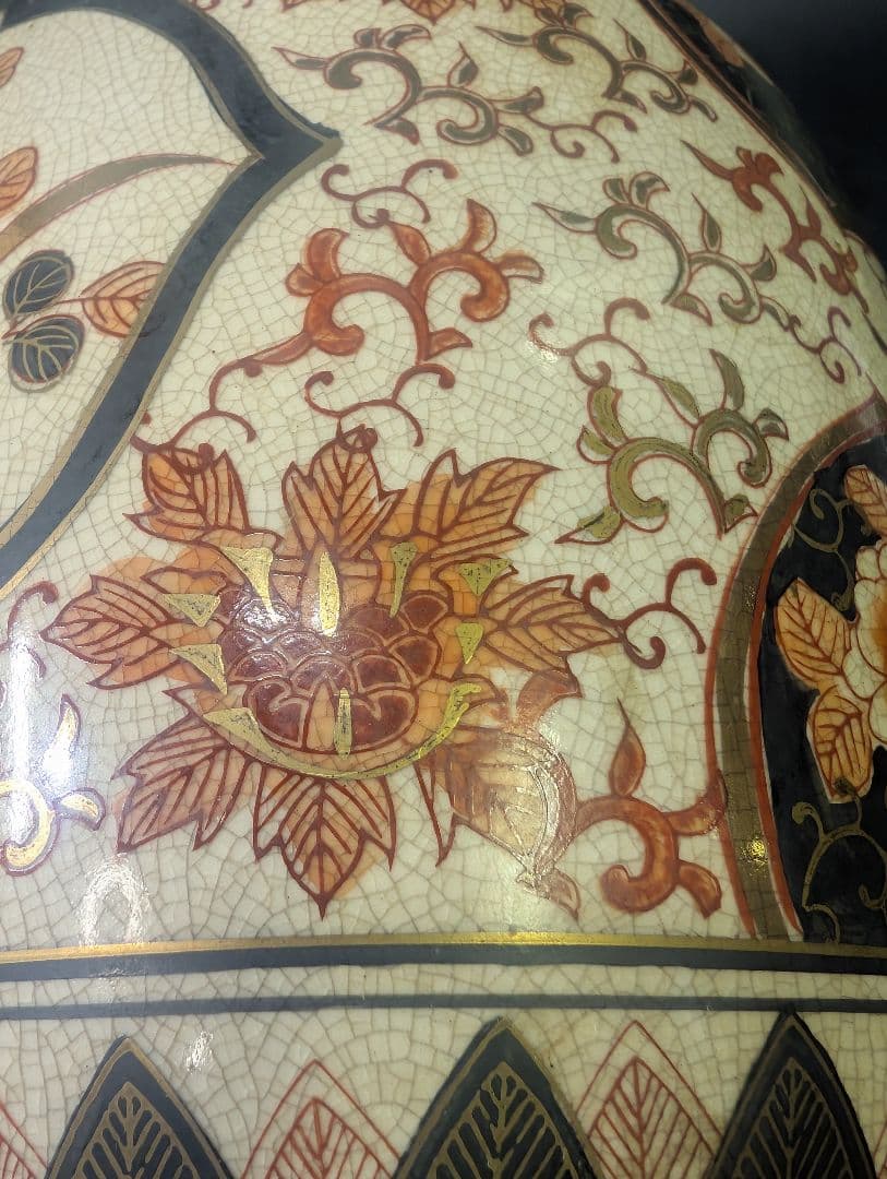 有田焼 古伊万里 伊萬里 染錦花鳥図 大花瓶 45cm 金彩 京薩摩 獅子耳付