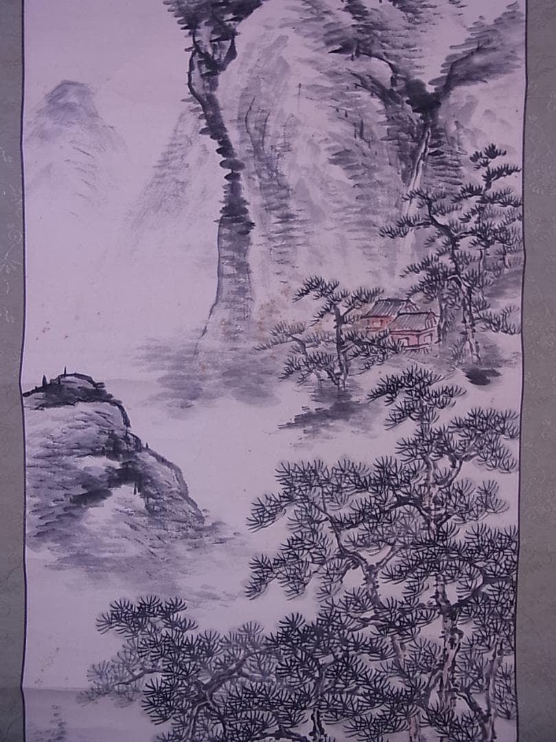 掛軸　『松溪吟行之図』竹雨山人　箱付