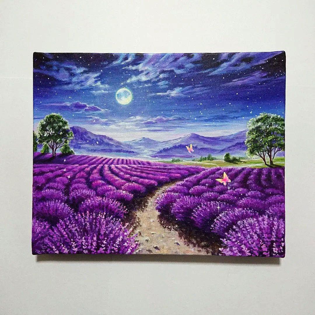 【ラベンダーの夜】アクリル画 F3 風景画 絵画
