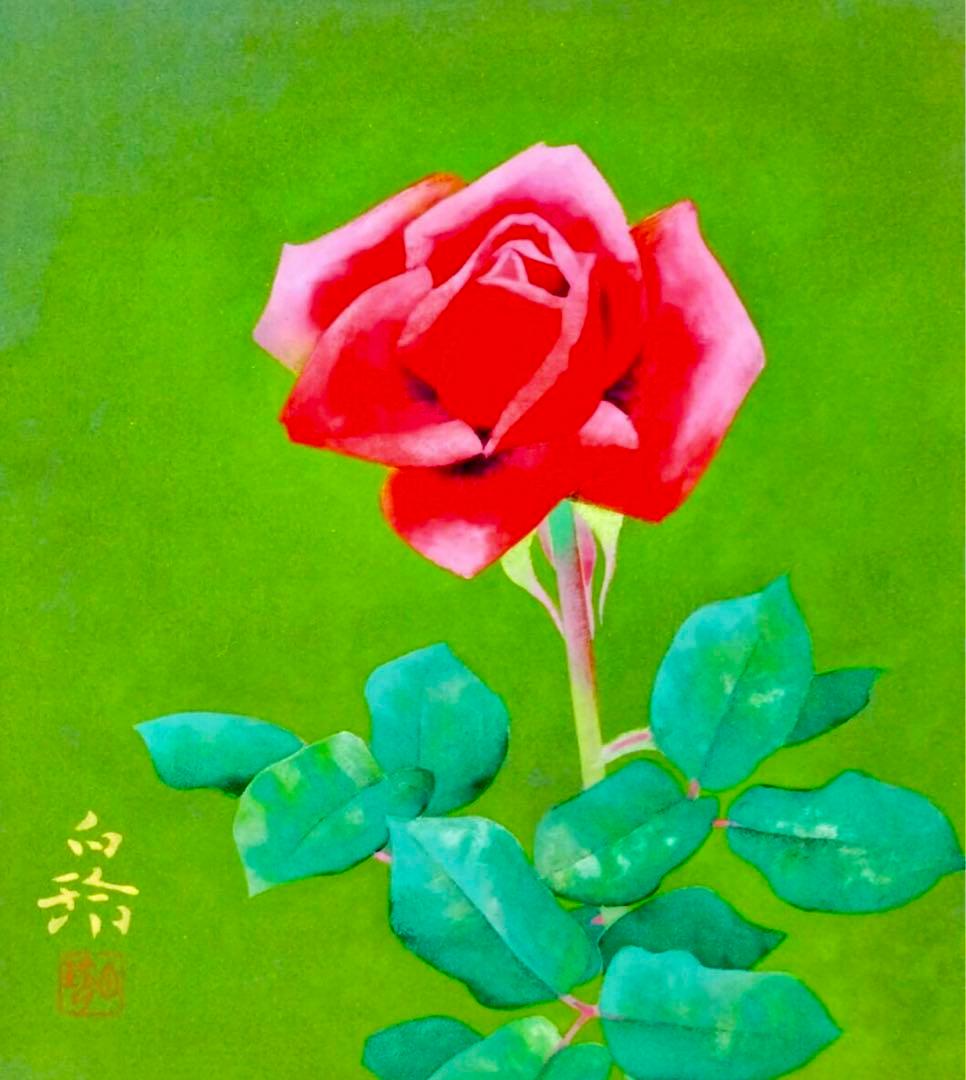 中村白玲「薔薇」日本画 日展会友 金落款/共シール付 額装美品　タトウ箱付　f3