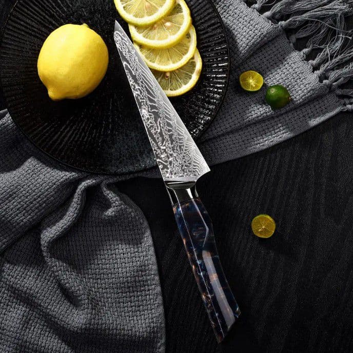 V金10号 73層ダマスカス鋼 骨スキ 捌き ペティ 16cm エポキシ樹脂柄