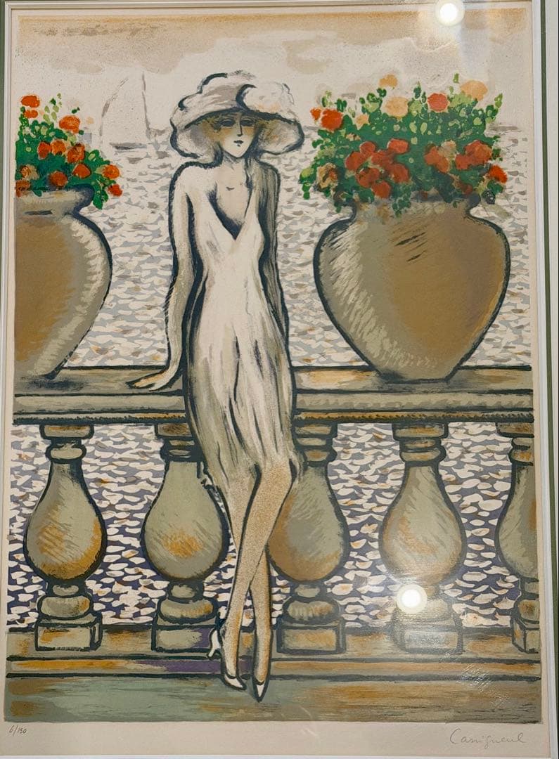ジャン・ピエール・カシニョール 「欄干」版画 額装 女性像 フランス #267