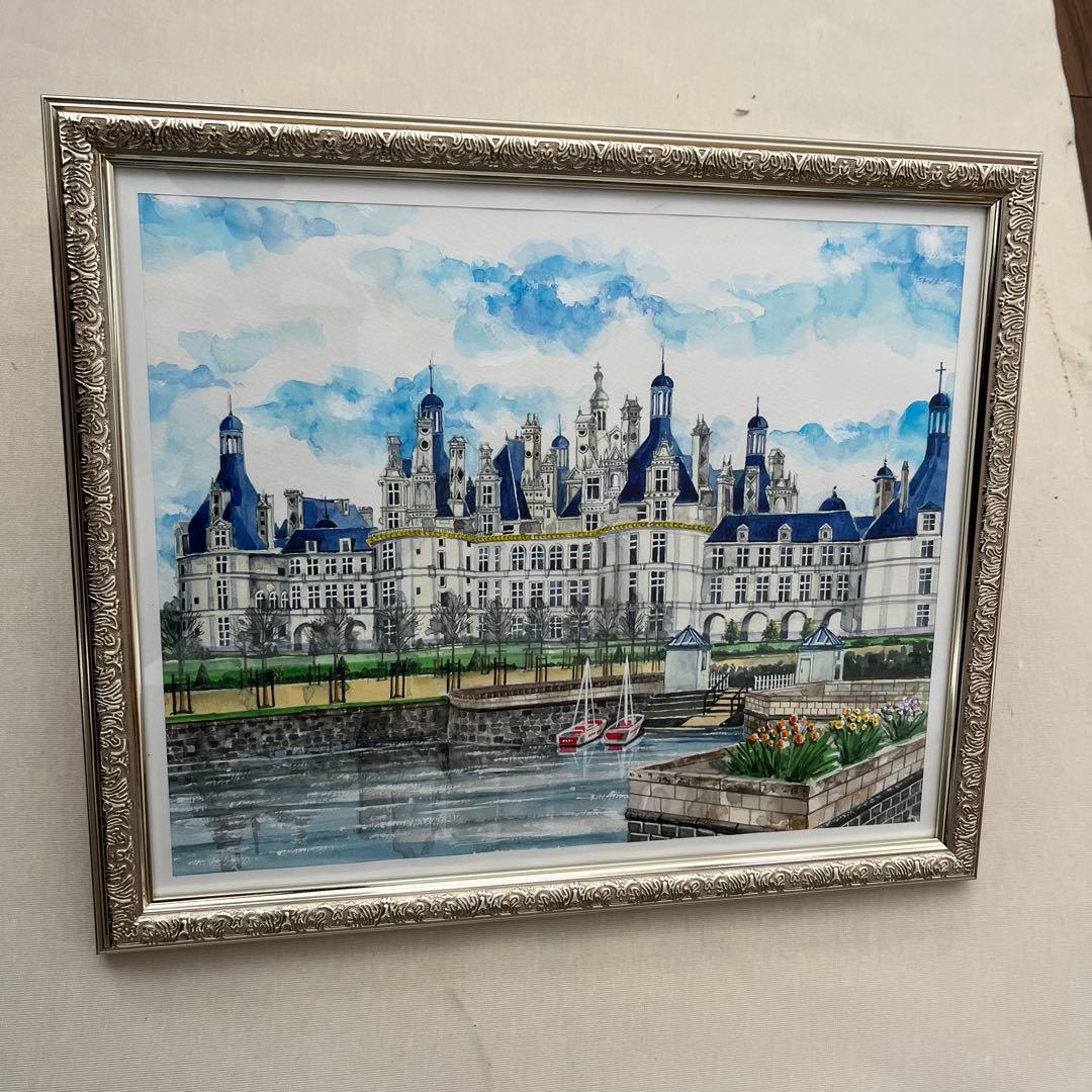 水彩画 城の風景 フレーム付き