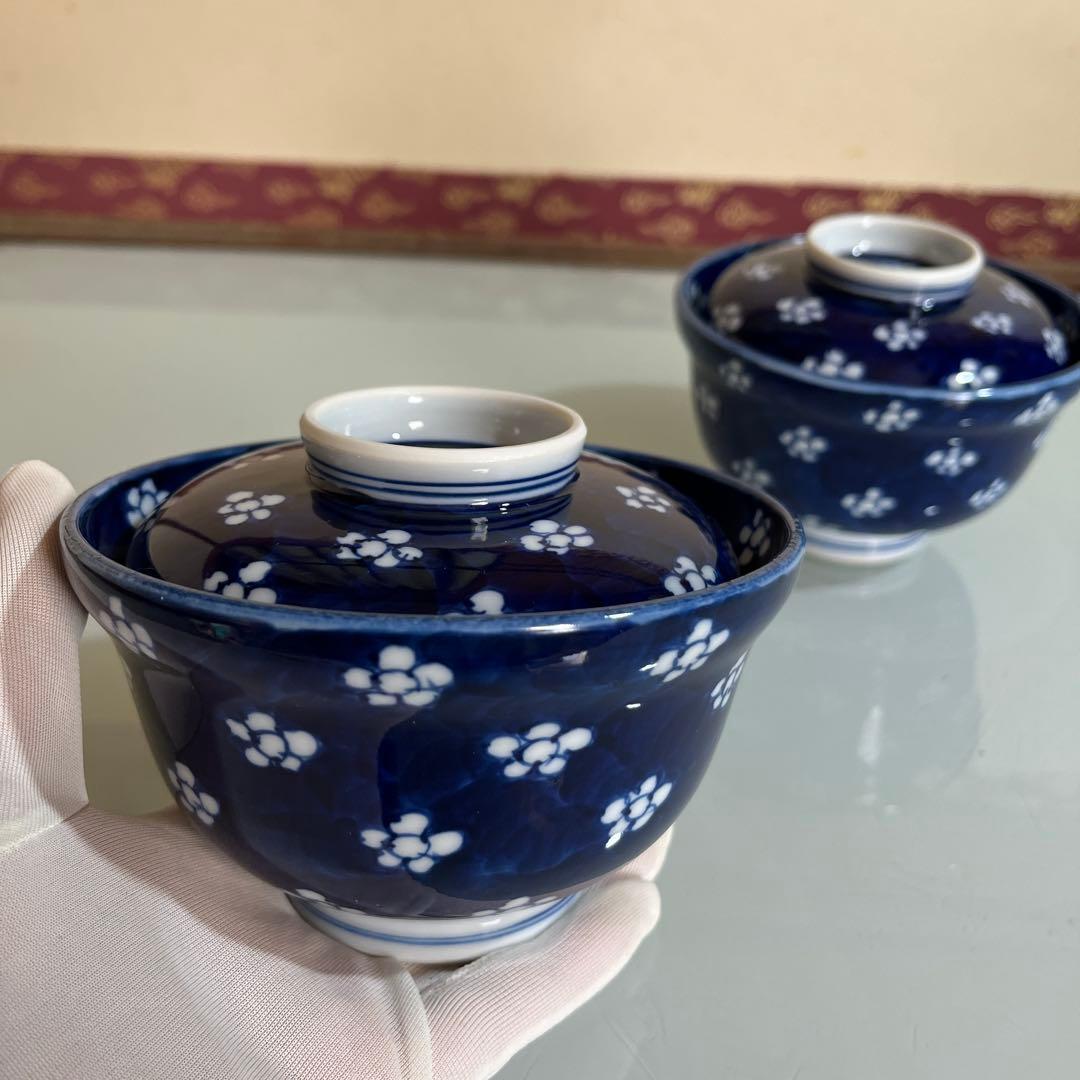 源右衛門　染付梅花濃絵　松竹梅蓋付向付丼2ケ 有光堂