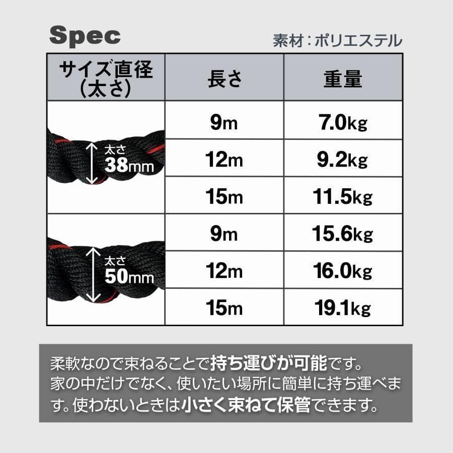 B2383バトルロープ 自宅 9m トレーニングロープ 50mm 筋トレ 格闘技