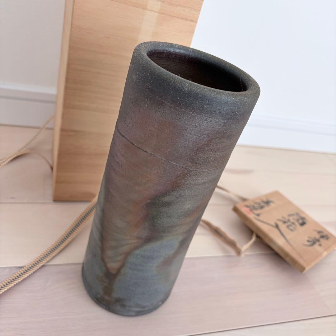 【新品】【備前焼】陶器の円筒形花器 グレーとブラウン