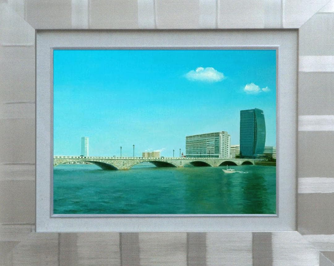 油絵 菅家令子 絵 絵画インテリア額付(黒) F6-080214 風景万代橋新潟