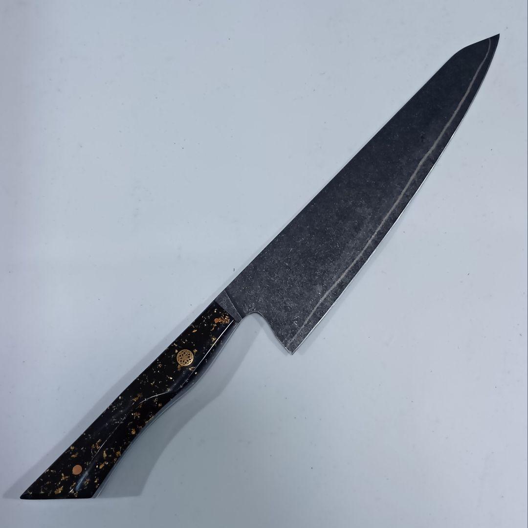 V金10号 ７層ダマスカス鋼 黒染め 切付 牛刀 23cm 包丁 黒金箔G10柄
