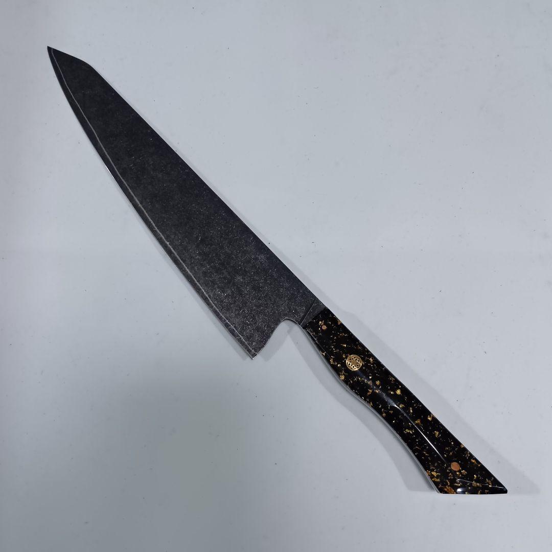 V金10号 ７層ダマスカス鋼 黒染め 切付 牛刀 23cm 包丁 黒金箔G10柄