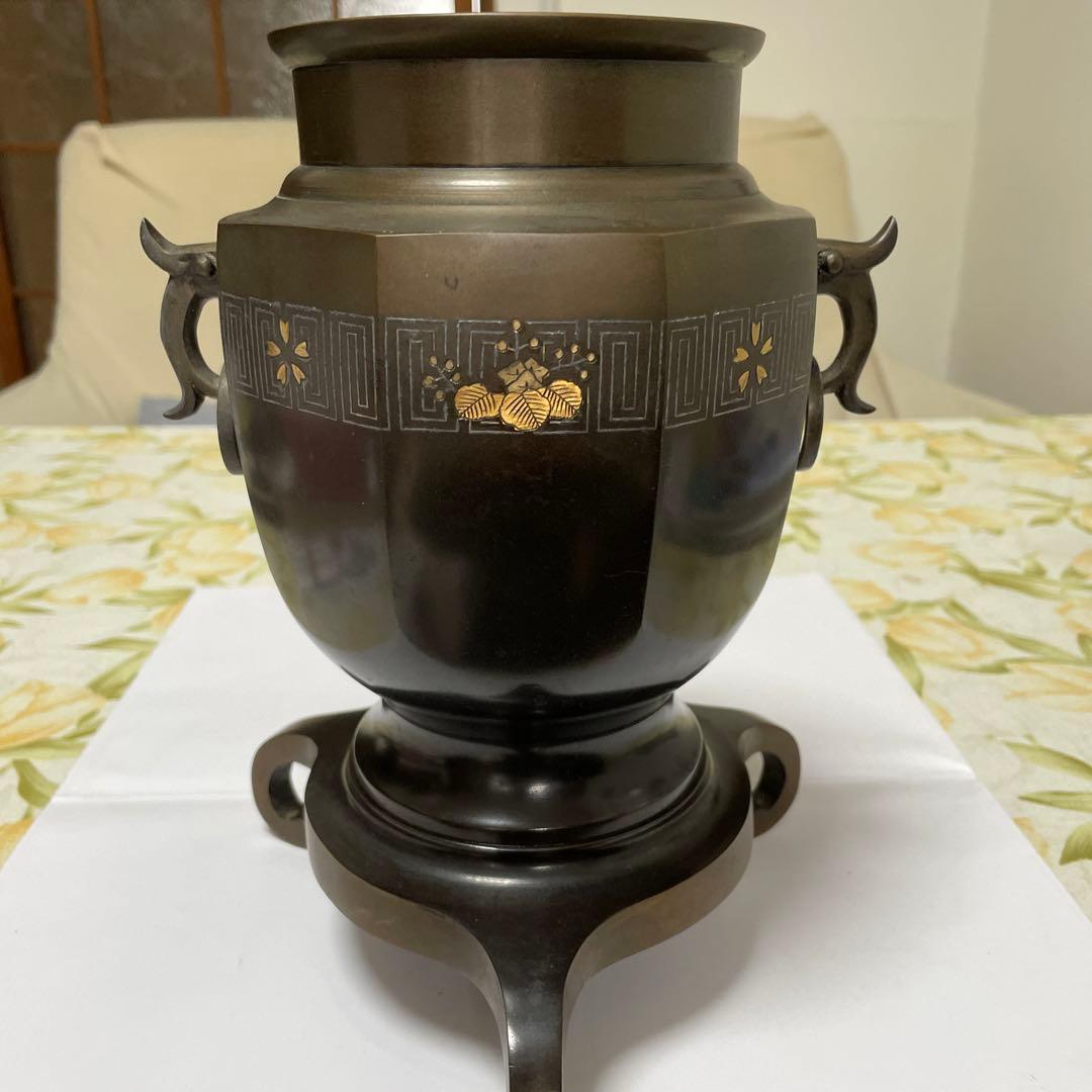池坊　薄端花器　銅製　尺0 八角雷紋