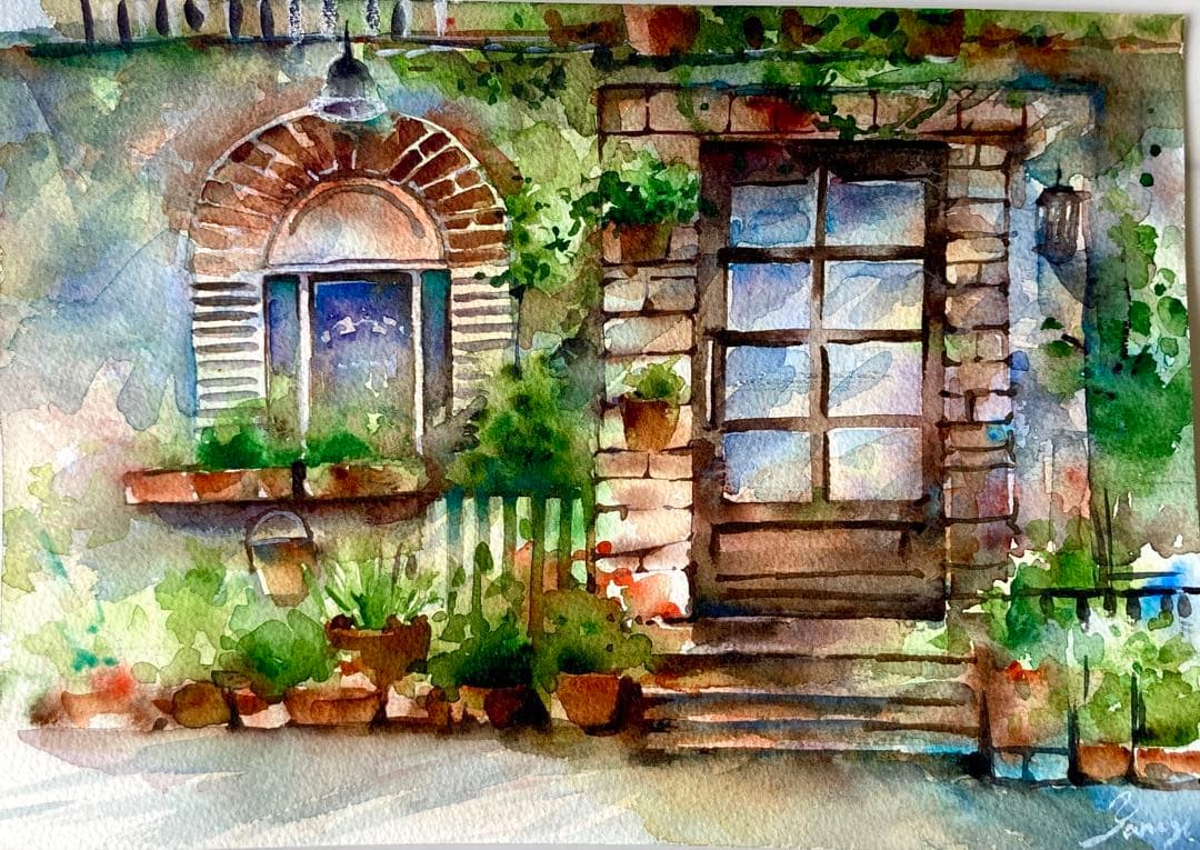 水彩画 原画 れんがと緑