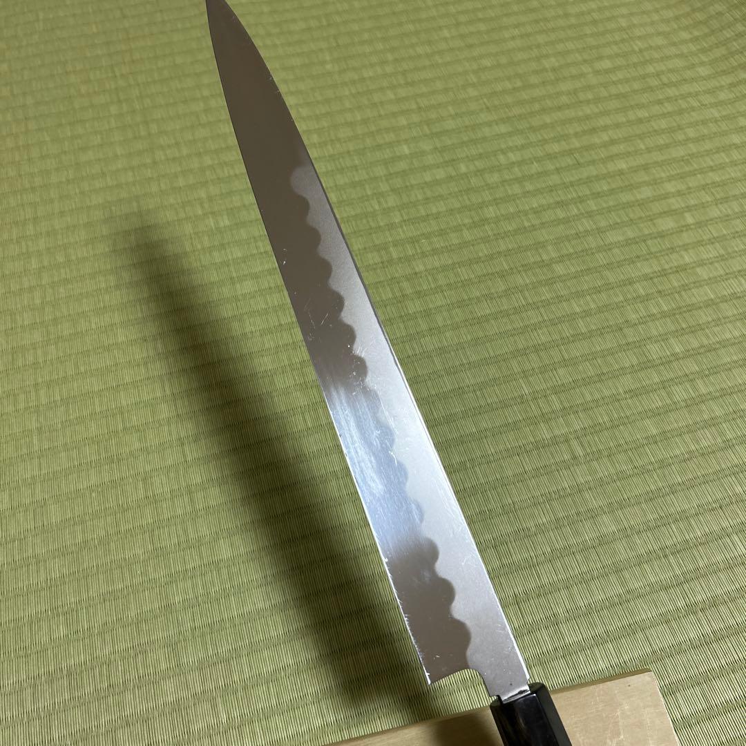 池田美和　本焼　柳刃　和包丁　青鋼　刃紋　久次作　鏡面　刃紋　黒檀柄