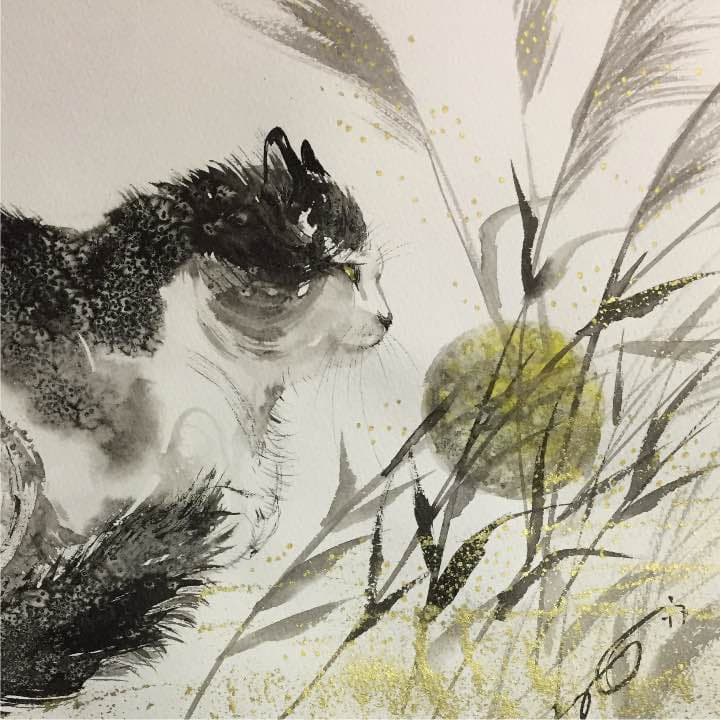 中秋の名月と猫、水彩紙24cm×35cm
