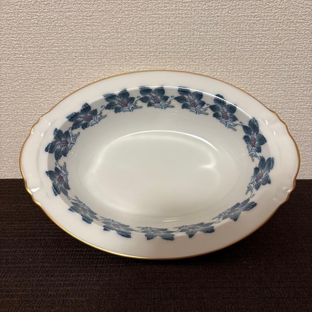大倉陶園　金彩草花絵　呉須　手描き　オーバルディッシュ　サラダボウル