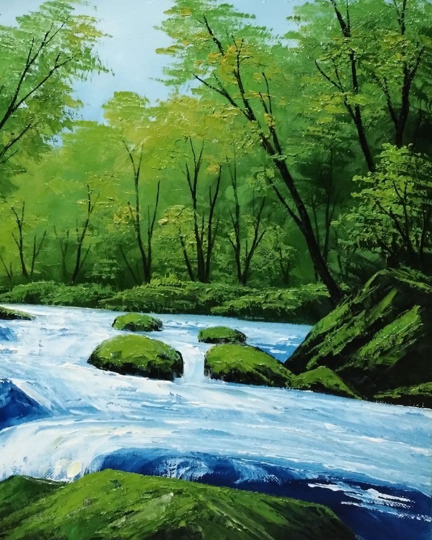 工藤昭重「奥入瀬川」油彩画 油絵