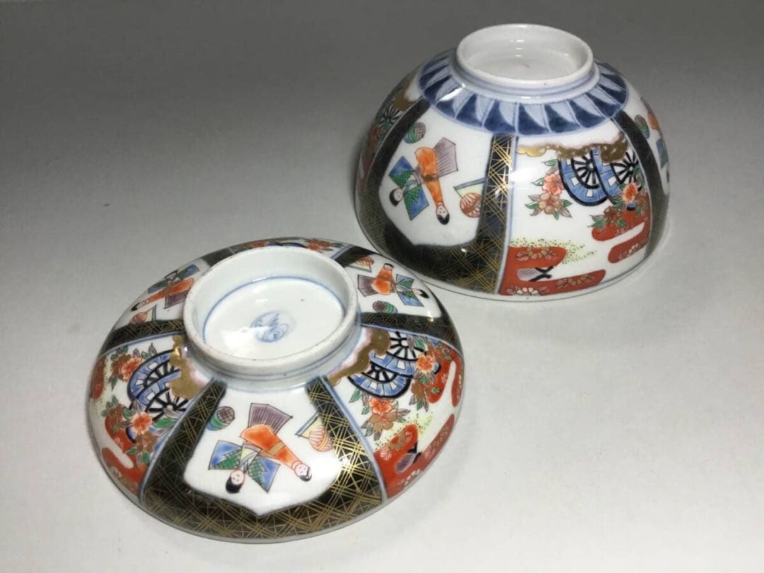 古伊万里◆雛人形文 / 蓋茶碗１客◆明治 染錦 立ち雛 雛道具 和食器