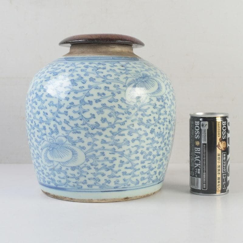 中国　青花　蛸唐草文　壷　唐木蓋付　V　A79A