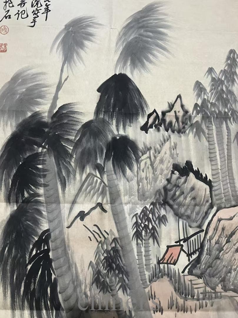 中国古美術『傅抱石様式 寒韻清風 山水図』宣紙画芯 模写 水墨画 唐物 肉筆
