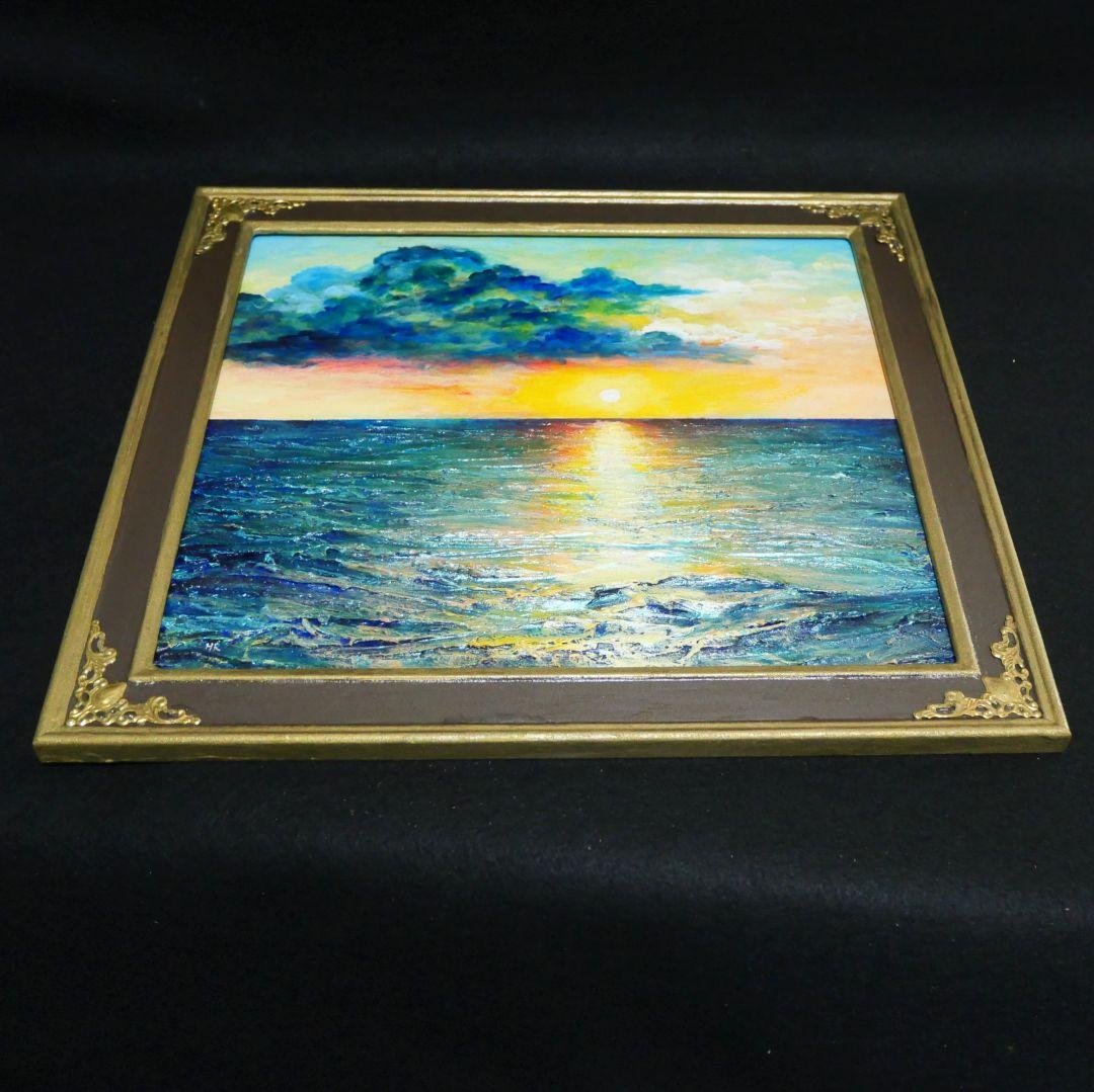 油絵 原画「Sea at Dusk」夕暮れの海 額縁付 絵画 贈り物 インテリア