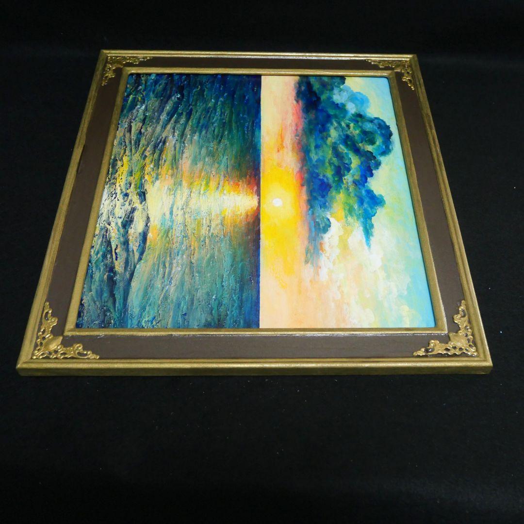 油絵 原画「Sea at Dusk」夕暮れの海 額縁付 絵画 贈り物 インテリア